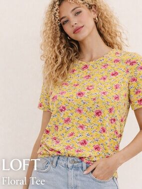 LOFT Yellow Tee with Pink Floral Print - Short Sleeve Cotton Size Small